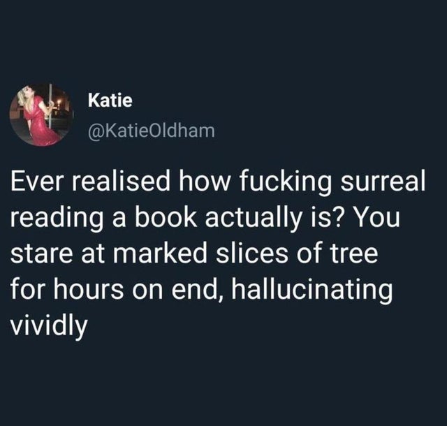 Katie Ever realised how fucking surreal reading a book actually is? You stare at marked slices of tree for hours on end, hallucinating vividly