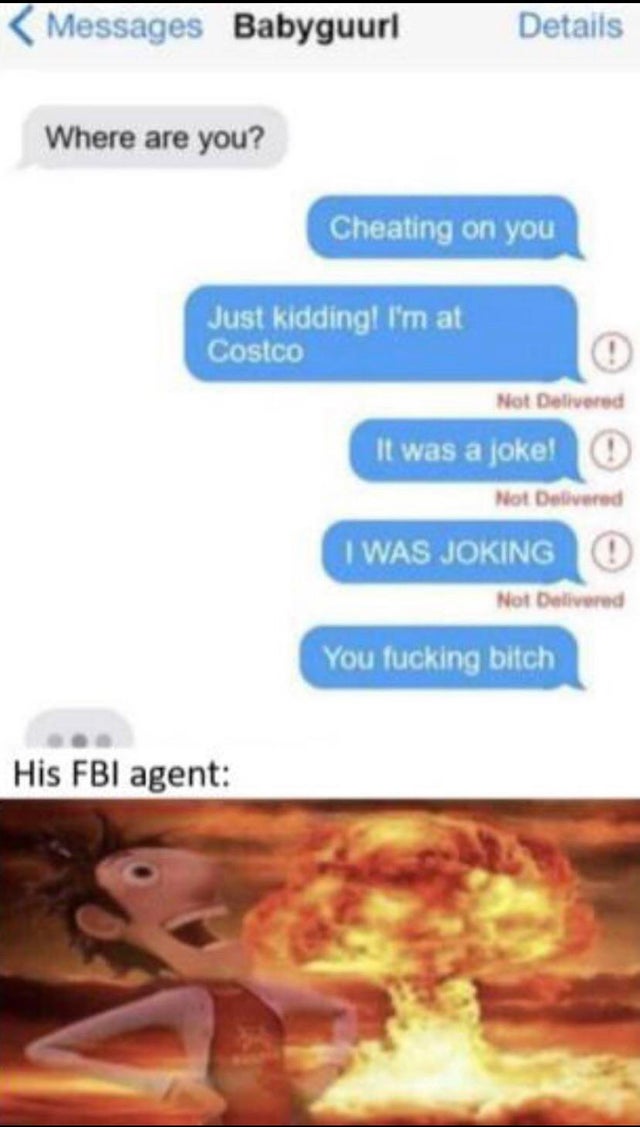 flint lockwood meme - Messages Babyguurl Details Where are you? Cheating on you Just kidding! I'm at Costco Not Delivered It was a joke! O Not Delivered I Was Joking O Not Delivered You fucking bitch His Fbi agent