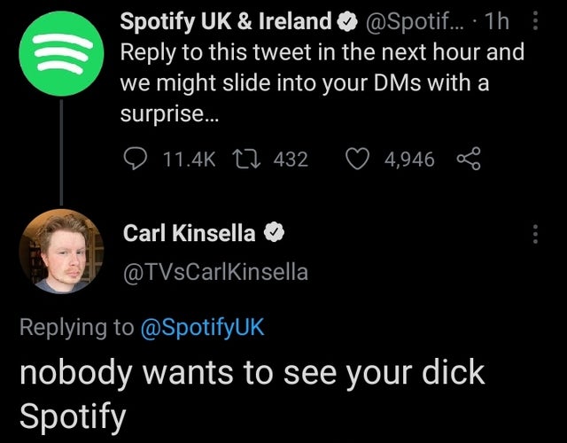 presentation - lll Spotify Uk & Ireland ... 1h to this tweet in the next hour and we might slide into your DMs with a surprise... 9 12 432 4,946 a Carl Kinsella nobody wants to see your dick Spotify