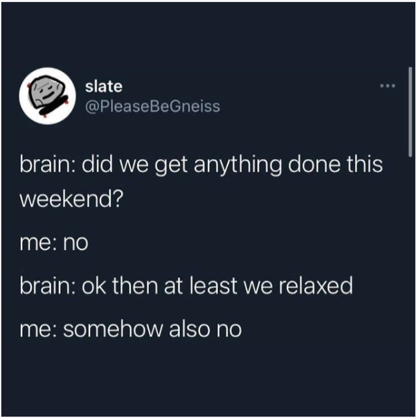 presentation - slate brain did we get anything done this weekend? me no brain ok then at least we relaxed me somehow also no