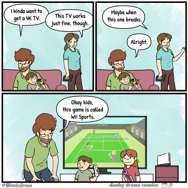 comics - I kinda want to get a 4K Tv. This Tv works just fine, though. Maybe when this one breaks. Alright. Okay kids, this game is called Wii Sports. Leo danby draws comics