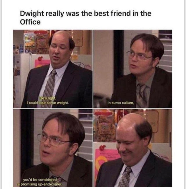 office love memes - Dwight really was the best friend in the Office Ho's night. I could lose some weight. In sumo culture, you'd be considered a promising upandcomer.