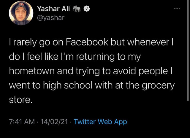 rage against the machine toaster - Yashar Ali Trarely go on Facebook but whenever | do I feel I'm returning to my hometown and trying to avoid people | went to high school with at the grocery store. 140221 Twitter Web App