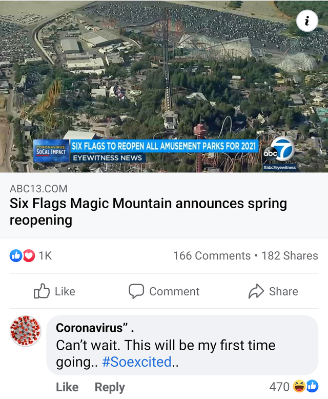 funny pics - Six Flags To Reopen All Amusement Parks For 2021 - Coronavirus first time there