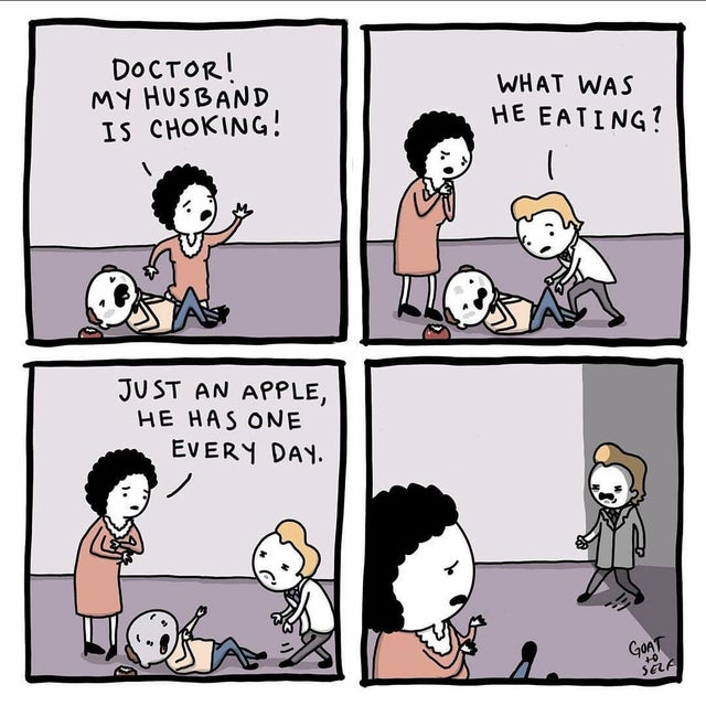comics - Doctor! My Husband Is Choking! What Was He Eating? Just An Apple, He Has One Every Day. Goat 0 Sela
