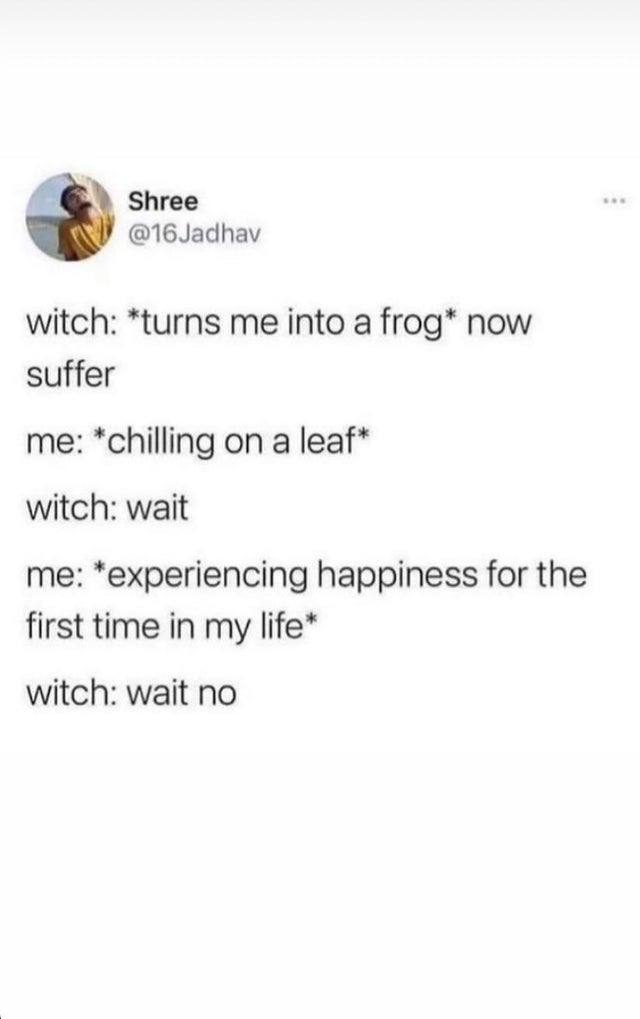 document - Shree witch turns me into a frog now suffer me chilling on a leaf witch wait me experiencing happiness for the first time in my life witch wait no