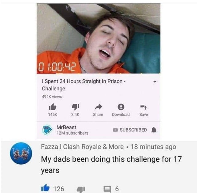 mrbeast memes - 42 I Spent 24 Hours Straight In Prison Challenge 494 views Save Download MrBeast 12M subscribers Subscribed Fazza I Clash Royale & More . 18 minutes ago My dads been doing this challenge for 17 years 126 6