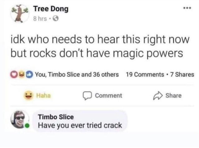 rocks don t have magic powers meme - Tree Dong 8 hrs. idk who needs to hear this right now but rocks don't have magic powers OYou, Timbo Slice and 36 others 19 7 Haha Comment Timbo Slice Have you ever tried crack