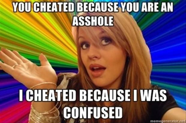 dumb blonde meme - You Cheated Because You Are An Asshole I Cheated Because I Was Confused memegenerator