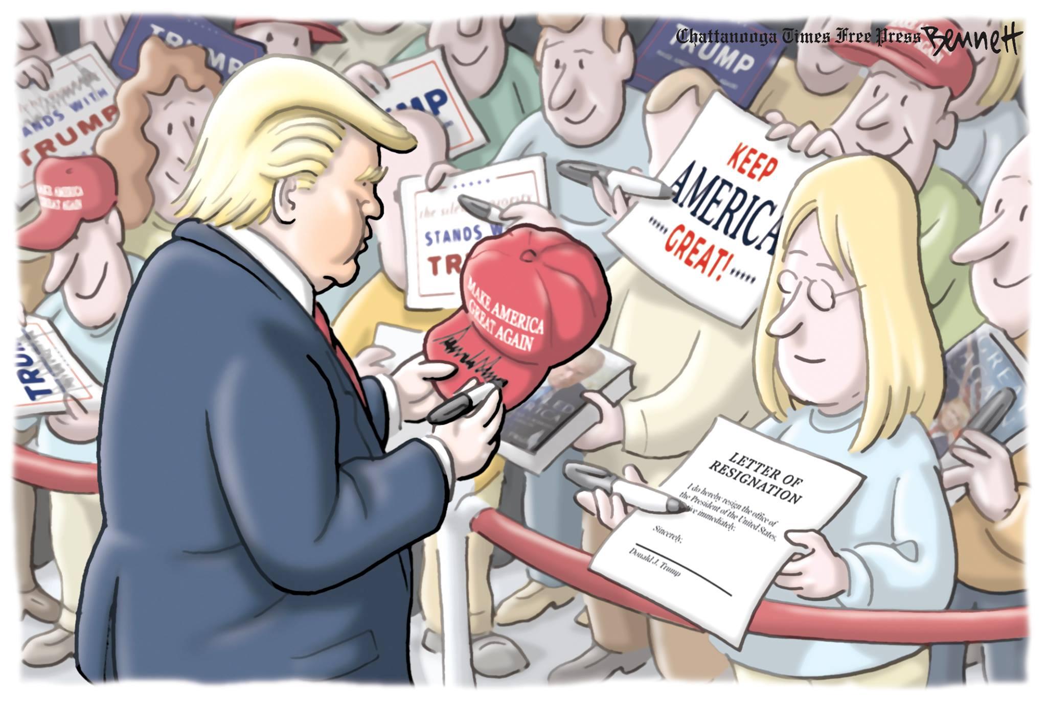 political meme cartoon - Chattanooga Times Free Press Bennett Crical O Great!... Stands S Uu America Agan Tru Letter Of Resignation I do henb nesign the ottic of the President of the United States emmileh Simench Duwall J. Trump
