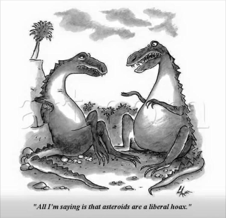 new yorker dinosaur cartoon - "All I'm saying is that asteroids are a liberal hoax"
