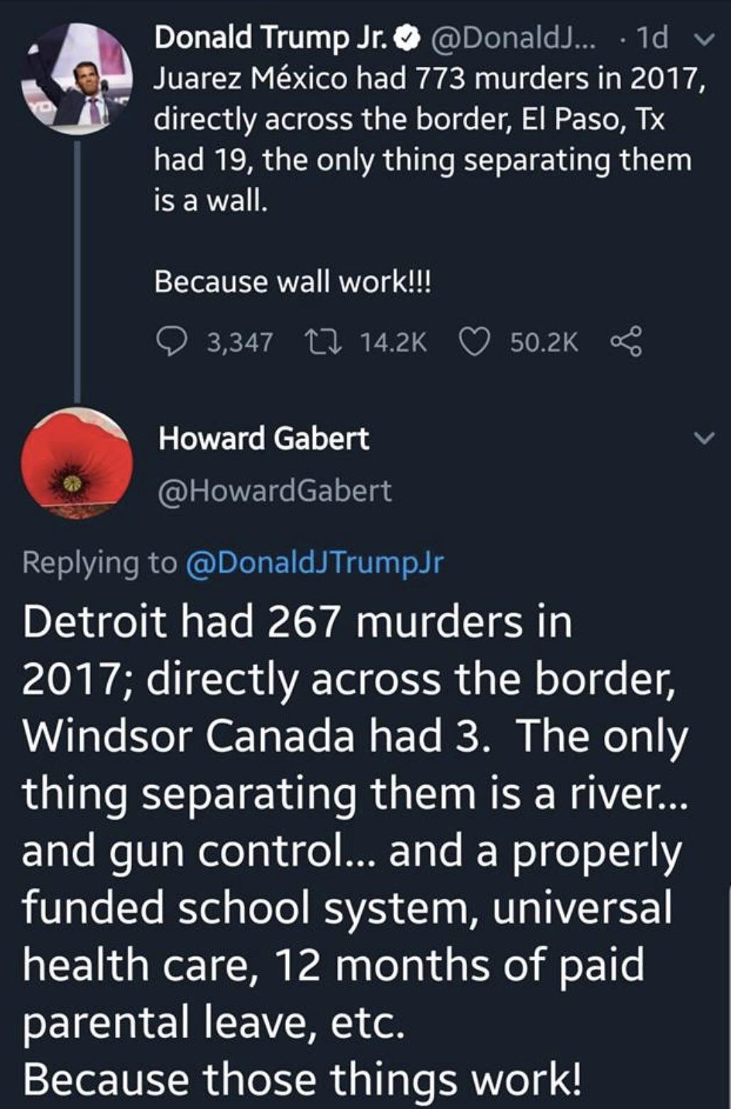 quotes - Donald Trump Jr. ... .1d v Juarez Mxico had 773 murders in 2017, directly across the border, El Paso, Tx had 19, the only thing separating them is a wall. Because wall work!!! 3,347 27 8 Howard Gabert Detroit had 267 murders in 2017; directly acr