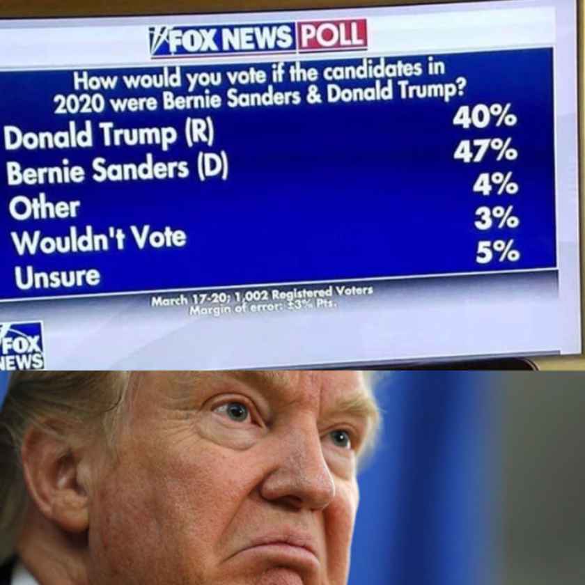 political meme news - Fox News Poll How would you vote if the candidates in 2020 were Bernie Sanders & Donald Trump? Donald Trump R 40% Bernie Sanders D 47% Other 4% Wouldn't Vote 3% Unsure 5% March 17.20; 1,002 Registered Voters Margin of errors 3% Pts. 