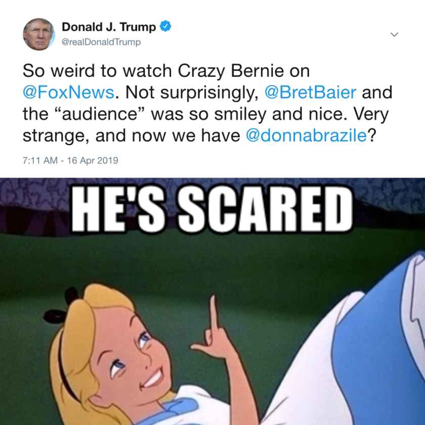 political meme cartoon - Donald J. Trump Trump So weird to watch Crazy Bernie on . Not surprisingly, and the "audience was so smiley and nice. Very strange, and now we have ? He'S Scared