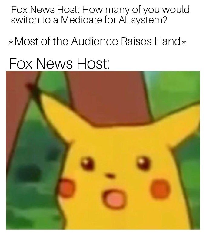 political meme french people pikachu meme - Fox News Host How many of you would switch to a Medicare for All system? Most of the Audience Raises Hand Fox News Host