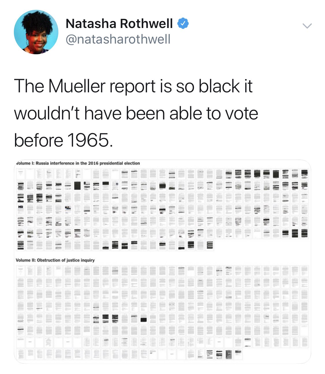 number - Natasha Rothwell The Mueller report is so black it wouldn't have been able to vote before 1965. Volume I Russia interference in the 2016 presidential election Int Volume Ii Obstruction of justice inquiry