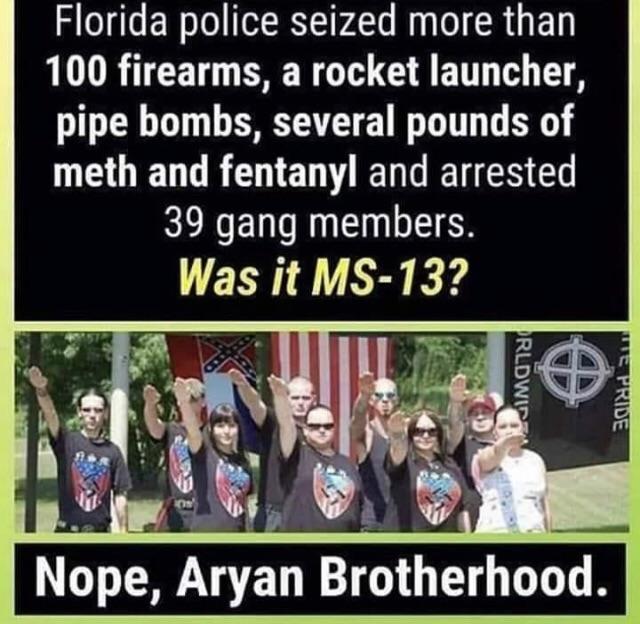 national socialist movement - Florida police seized more than 100 firearms, a rocket launcher, pipe bombs, several pounds of meth and fentanyl and arrested 39 gang members. Was it Ms13? Prldwid S Pride Nope, Aryan Brotherhood.
