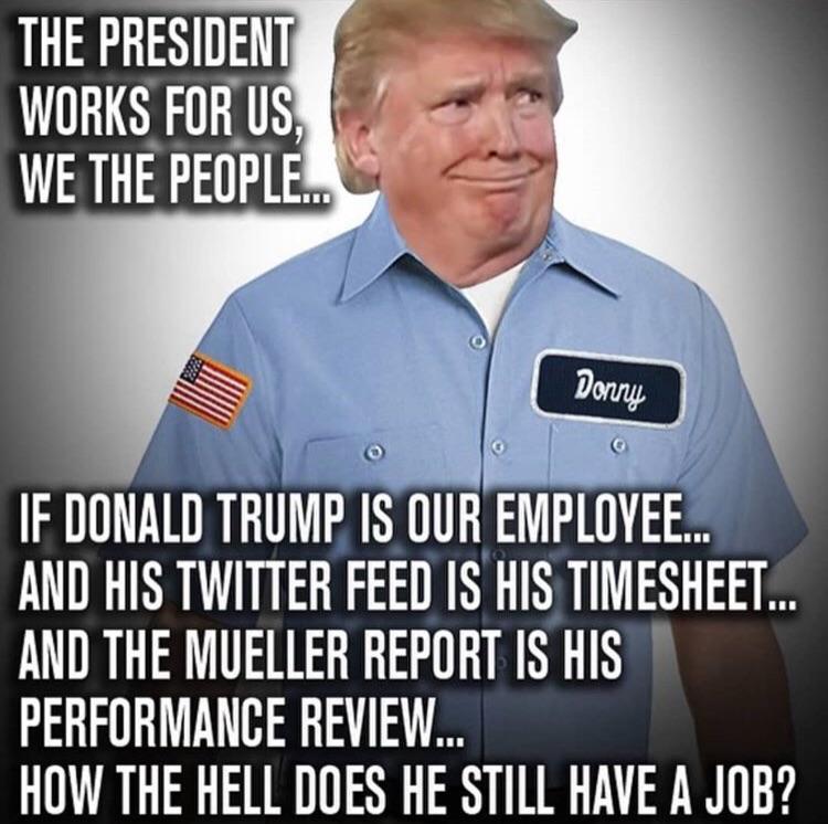 Political memes - photo caption - The President Works For Us, We The People. Donny lo If Donald Trump Is Our Employee... And His Twitter Feed Is His Timesheet... And The Mueller Report Is His Performance Review... How The Hell Does He Still Have A Job?