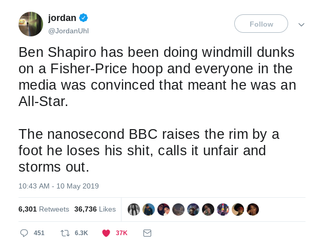 point - jordan Ben Shapiro has been doing windmill dunks on a FisherPrice hoop and everyone in the media was convinced that meant he was an AllStar. The nanosecond Bbc raises the rim by a foot he loses his shit, calls it unfair and storms out. 00 0 090 6,