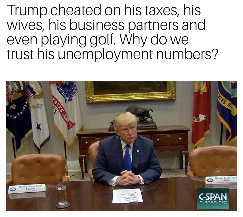 trump empty chairs - Trump cheated on his taxes, his wives, his business partners and even playing golf. Why do we trust his unemployment numbers? Ates N Ates Pas GSpan Cspan.org