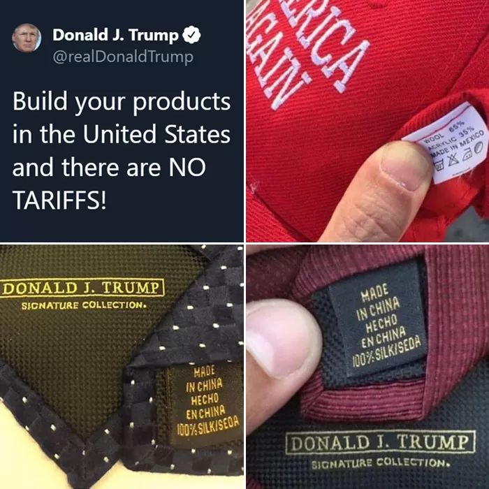 donald trump made in china - Donald J. Trump Trump Build your products in the United States and there are No Tariffs! Wool 65% Nric 35% Made In Mexico Donald J. Trump Signature Collection. Made In China Hecho En China 100% Silkiseda Made In China Hecho En