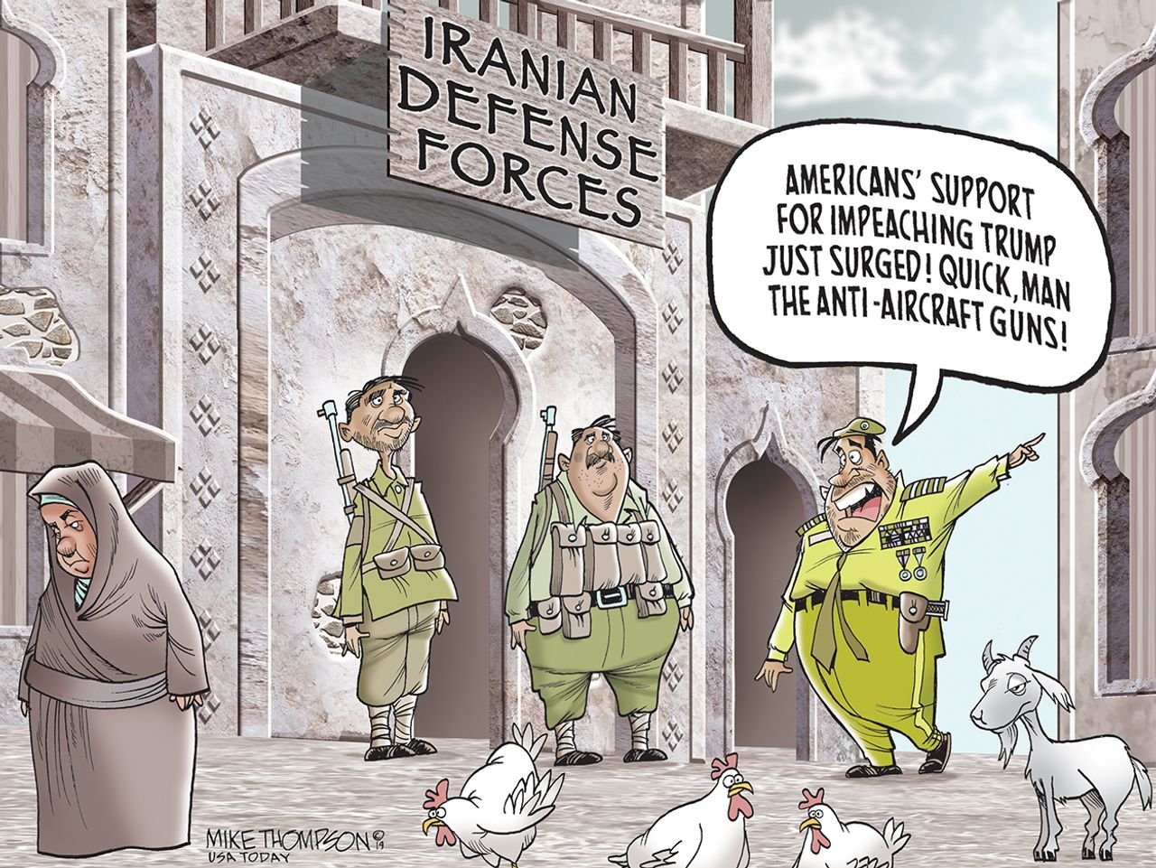 cartoon - | Iranian Idefense | Forces Americans' Support For Impeaching Trump Just Surged! Quick. Man The AntiAircraft Guns! Kor Mike Thomson Usa Today no an