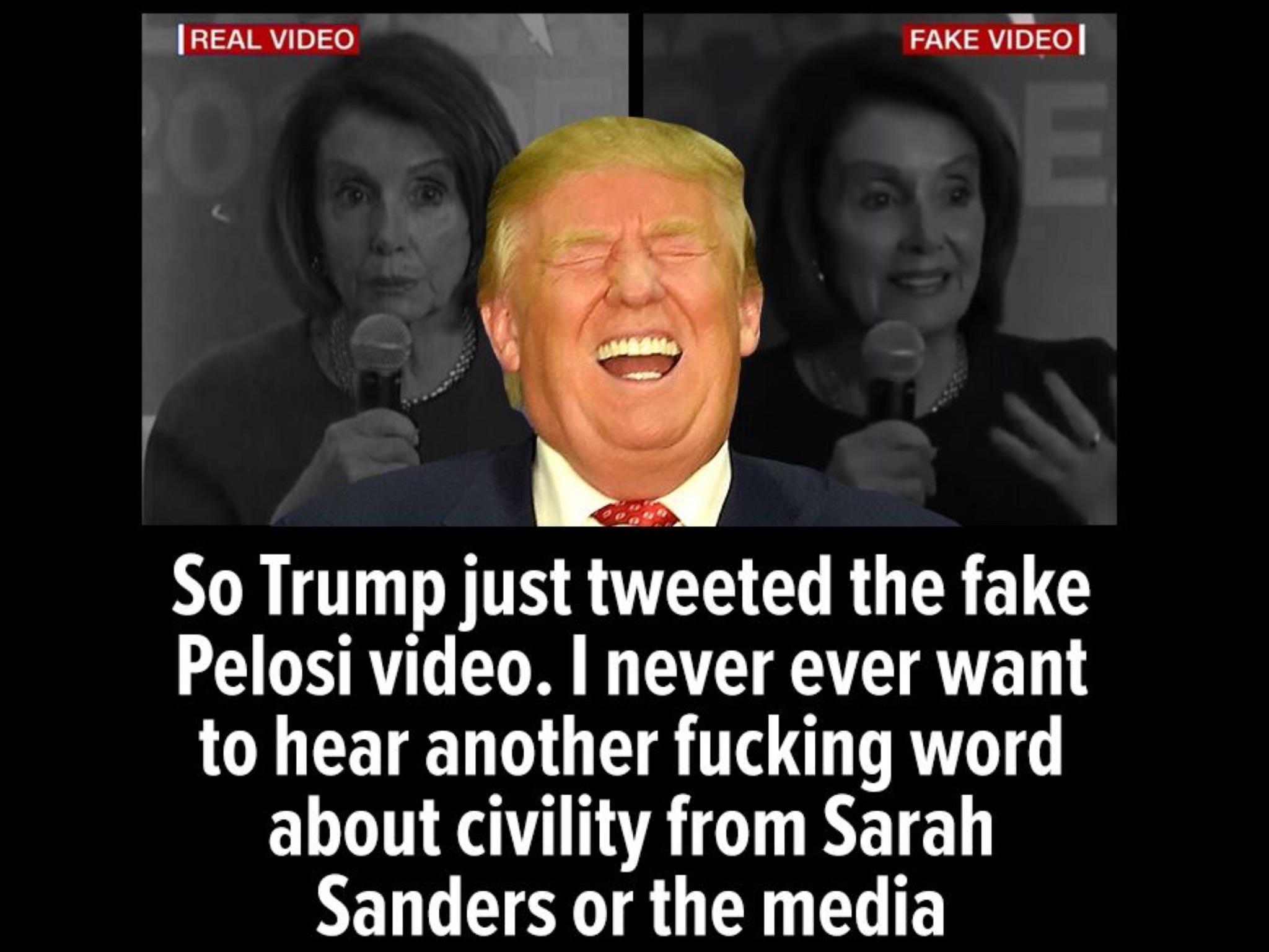 photo caption - Real Video Fake Video So Trump just tweeted the fake Pelosi video. I never ever want to hear another fucking word about civility from Sarah Sanders or the media