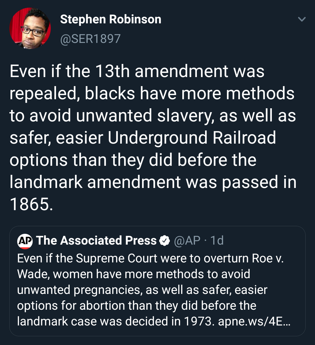 material - Stephen Robinson Even if the 13th amendment was repealed, blacks have more methods to avoid unwanted slavery, as well as safer, easier Underground Railroad options than they did before the landmark amendment was passed in 1865. Ap The Associate