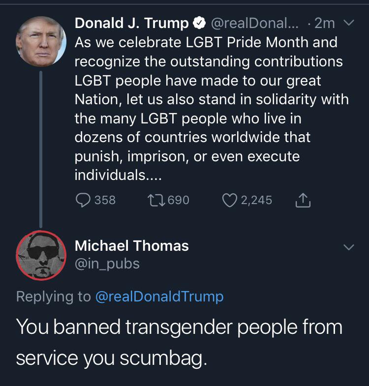 sky - Donald J. Trump ... 2m v As we celebrate Lgbt Pride Month and recognize the outstanding contributions Lgbt people have made to our great Nation, let us also stand in solidarity with the many Lgbt people who live in dozens of countries worldwide that