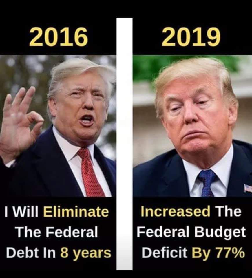 budget deficit 2019 meme - 2016 2019 I Will Eliminate The Federal Debt In 8 years Increased The Federal Budget Deficit By 77%