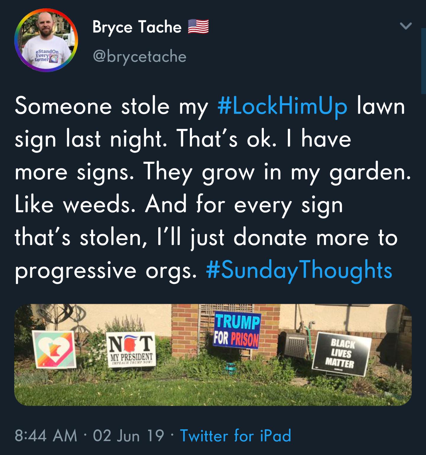 grass - Bryce Tache Standon Every Corner Someone stole my HimUp lawn sign last night. That's ok. I have more signs. They grow in my garden. weeds. And for every sign that's stolen, I'll just donate more to progressive orgs. Thoughts Trump For Prison Black