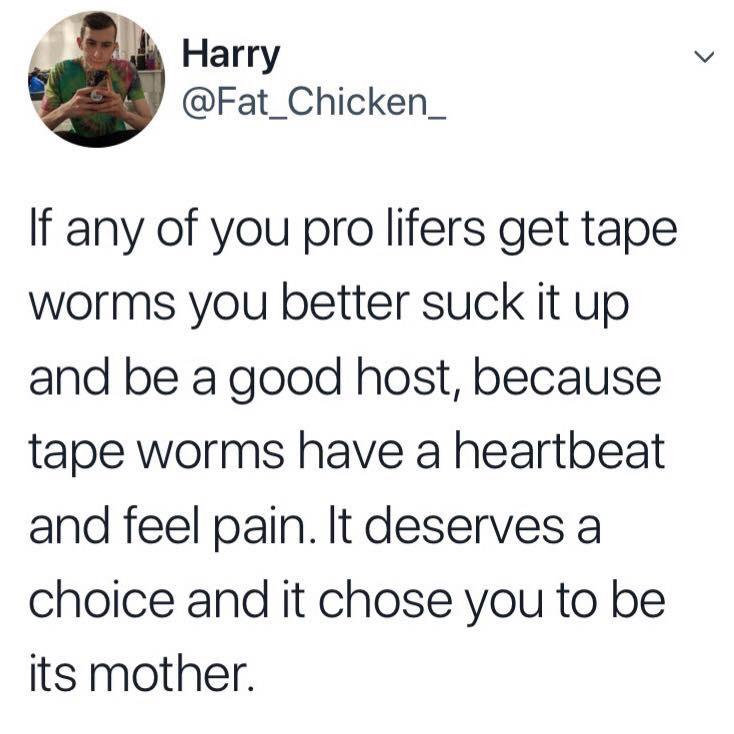pro choice tape worm - Harry If any of you pro lifers get tape worms you better suck it up and be a good host, because tape worms have a heartbeat and feel pain. It deserves a choice and it chose you to be its mother.