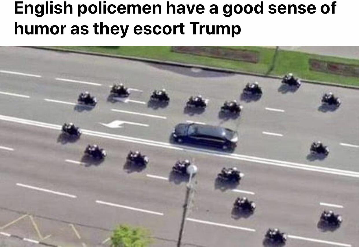 british police escort trump - English policemen have a good sense of humor as they escort Trump