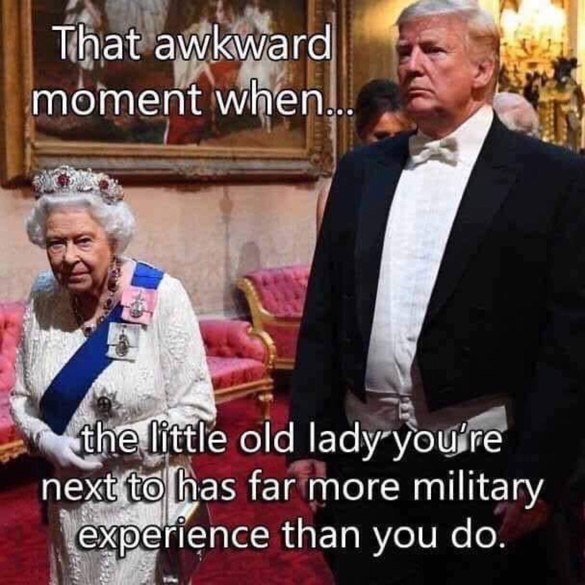 donald trump with the queen - That awkward moment when... the little old lady you're next to has far more military experience than you do.