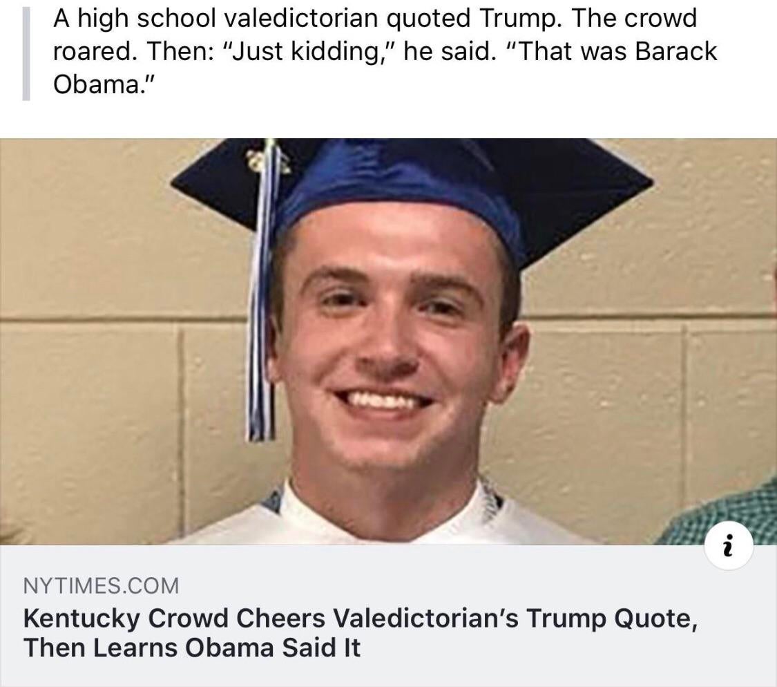 ben bowling - A high school valedictorian quoted Trump. The crowd roared. Then "Just kidding," he said. "That was Barack Obama." Nytimes.Com Kentucky Crowd Cheers Valedictorian's Trump Quote, Then Learns Obama Said It