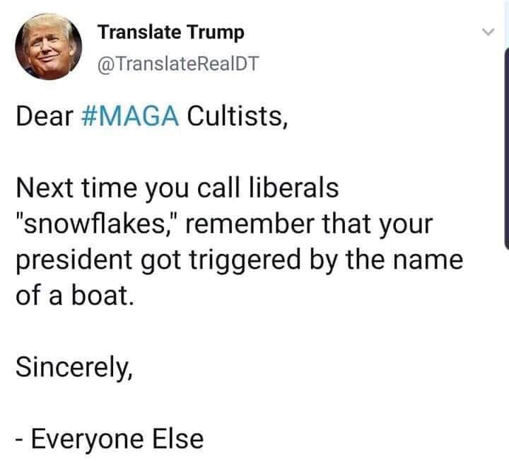 document - Translate Trump @ TranslateRealDT Dear Cultists, Next time you call liberals "snowflakes," remember that your president got triggered by the name of a boat. Sincerely, Everyone Else