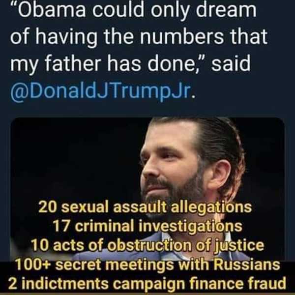 rainbow animation group - "Obama could only dream of having the numbers that my father has done," said . 20 sexual assault allegations 17 criminal investigations 10 acts of obstruction of justice 100 secret meetings with Russians 2 indictments campaign fi