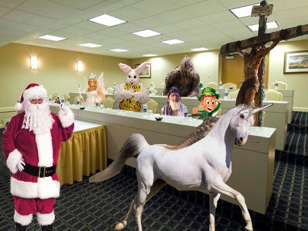 Santa brings the meeting to order while everyone else wonders why Jesus has to be so dramatic...
