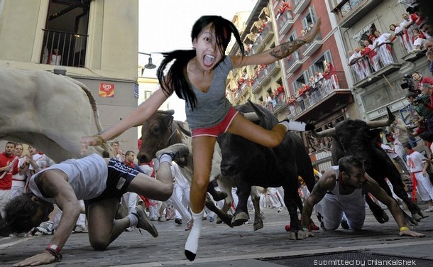Katsumi running from the bulls in Pamplona