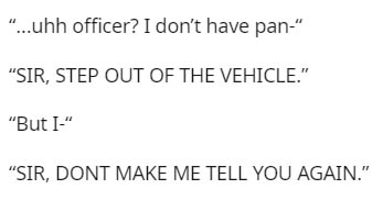 alien abducts me omg huge fan - ...uhh officer? I don't have pan "Sir, Step Out Of The Vehicle." "But I" "Sir, Dont Make Me Tell You Again."