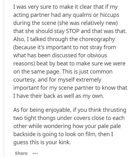 document - I was very sure to make it clear that if my acting partner had any qualms or hiccups during the scene she was relatively new that she should stay Stop and that was that. Also, I talked through the choreography because it's important to not stra