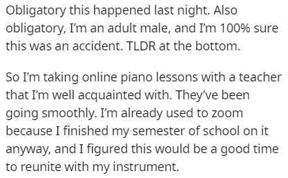 Systems theory - Obligatory this happened last night. Also obligatory, I'm an adult male, and I'm 100% sure this was an accident. Tldr at the bottom. So I'm taking online piano lessons with a teacher that I'm well acquainted with. They've been going smoot