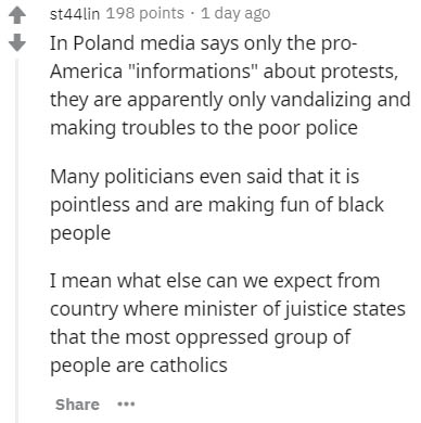 document - st44lin 198 points . 1 day ago In Poland media says only the pro America "informations" about protests, they are apparently only vandalizing and making troubles to the poor police Many politicians even said that it is pointless and are making f