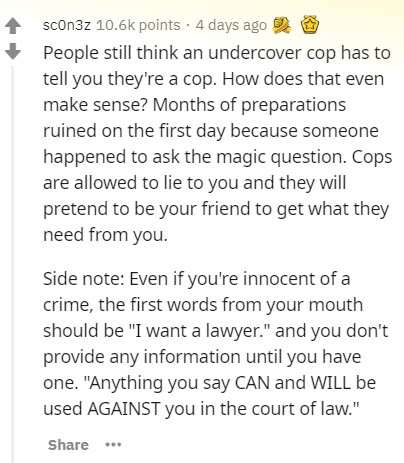 anne frank and mlk - scon3z points . 4 days ago People still think an undercover cop has to tell you they're a cop. How does that even make sense? Months of preparations ruined on the first day because someone happened to ask the magic question. Cops are 