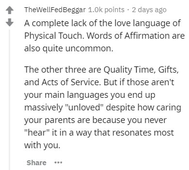 handwriting - TheWellFed Beggar points . 2 days ago A complete lack of the love language of Physical Touch. Words of Affirmation are also quite uncommon. The other three are Quality Time, Gifts, and Acts of Service. But if those aren't your main languages