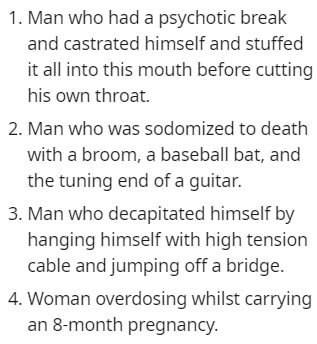 handwriting - 1. Man who had a psychotic break and castrated himself and stuffed it all into this mouth before cutting his own throat. 2. Man who was sodomized to death with a broom, a baseball bat, and the tuning end of a guitar. 3. Man who decapitated h