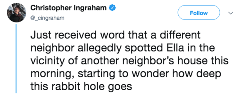 short stories with twist endings - Christopher Ingraham _cingraham Just received word that a different neighbor allegedly spotted Ella in the vicinity of another neighbor's house this morning, starting to wonder how deep this rabbit hole goes