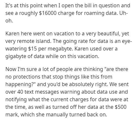 angle - It's at this point when I open the bill in question and see a roughly $16000 charge for roaming data. Uh oh. Karen here went on vacation to a very beautiful, yet very remote island. The going rate for data is an eye watering $15 per megabyte. Kare