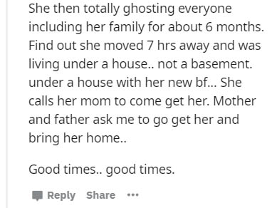 handwriting - She then totally ghosting everyone including her family for about 6 months. Find out she moved 7 hrs away and was living under a house.. not a basement. under a house with her new bf... She calls her mom to come get her. Mother and father as