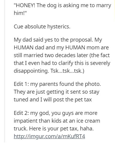 document - "Honey! The dog is asking me to marry him!" Cue absolute hysterics. My dad said yes to the proposal. My Human dad and my Human mom are still married two decades later the fact that I even had to clarify this is severely disappointing. Tsk...tsk